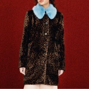 Shrimps Papa Puss Cheetah Leopard Printed Blue Faux Fur Coat